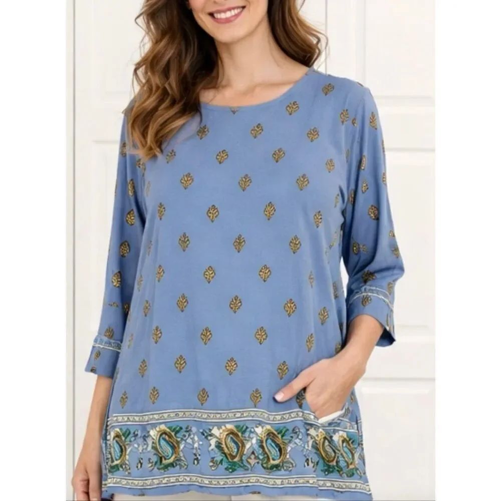 J.Jill wearever collection blue medallion block print trim blouse